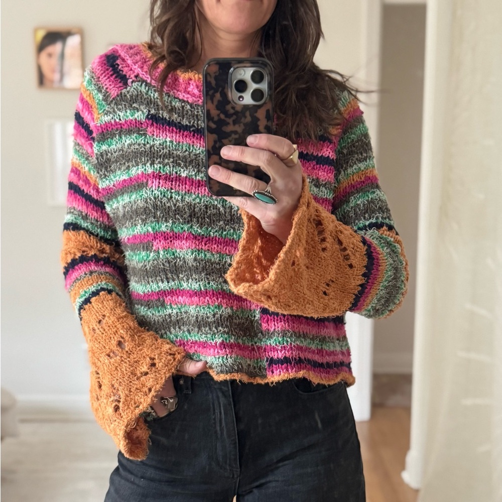 Free People Pink and Orange Textured Knit flare sleeve Sweater